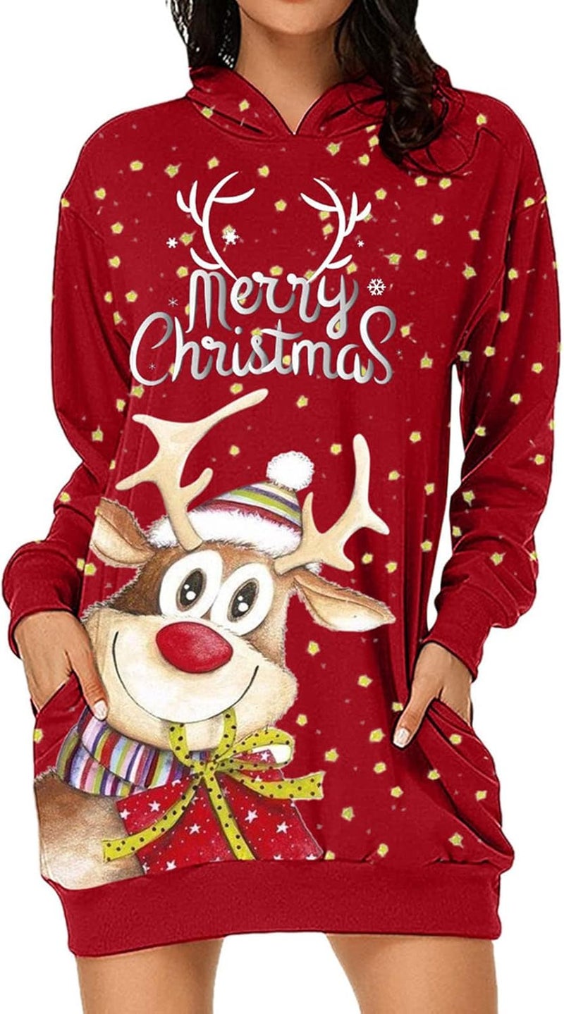 woobles Hoodie Dress, Womens Hoodie Dress Christmas Pattern Print Polyester Casual for Shopping - Image 5